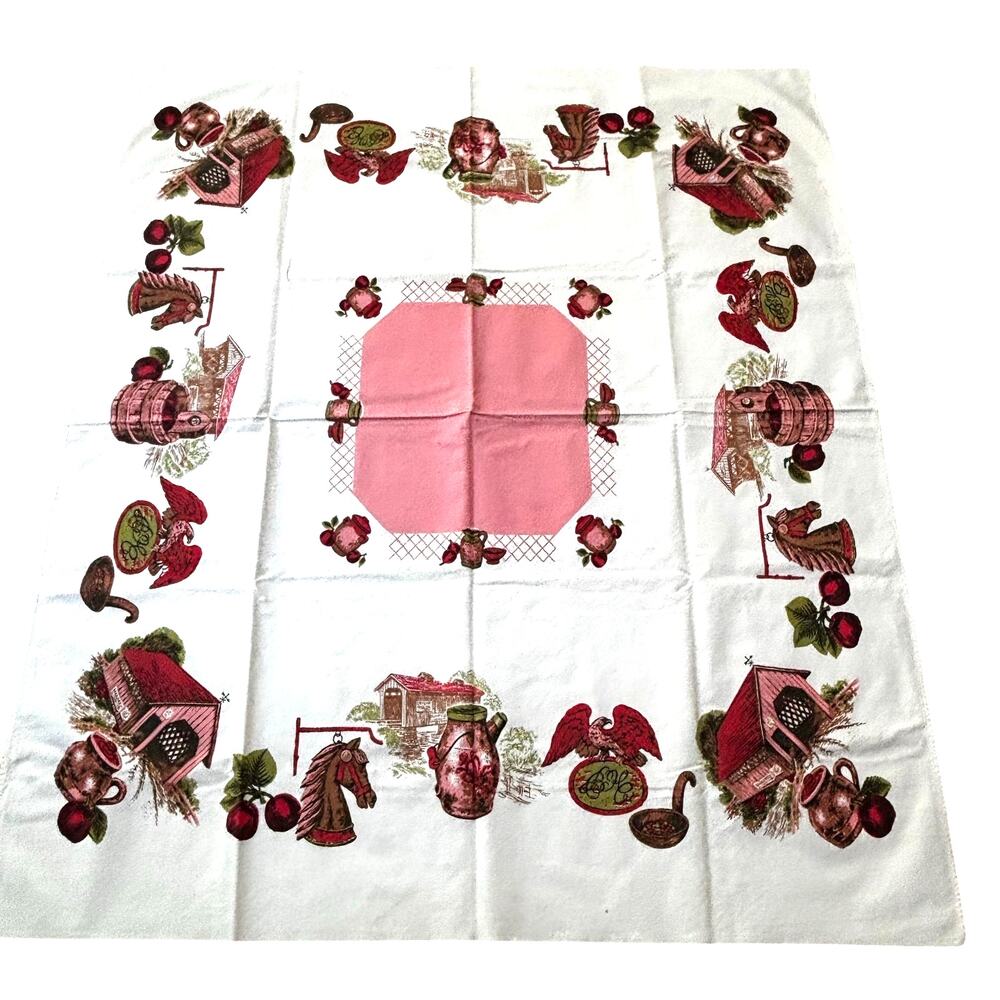 Vintage printed cotton tablecloth white pink red farmhouse colonial Americana